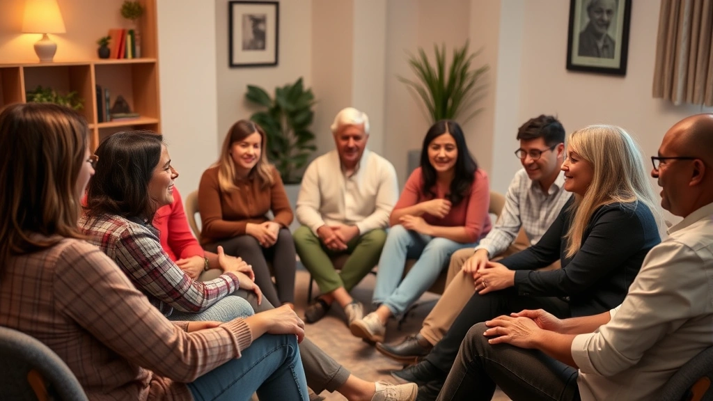 Diverse group of people sitting in a circle during a therapy session, engaged and supportive, warm lighting, professional therapeutic environment, realistic photography