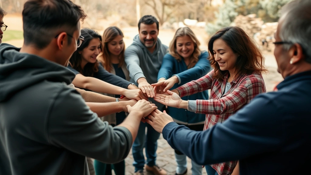 People participating in a trust-building exercise, hands connected in circle formation, genuine expressions of connection and safety, outdoor or calm indoor setting, documentary-style photography
