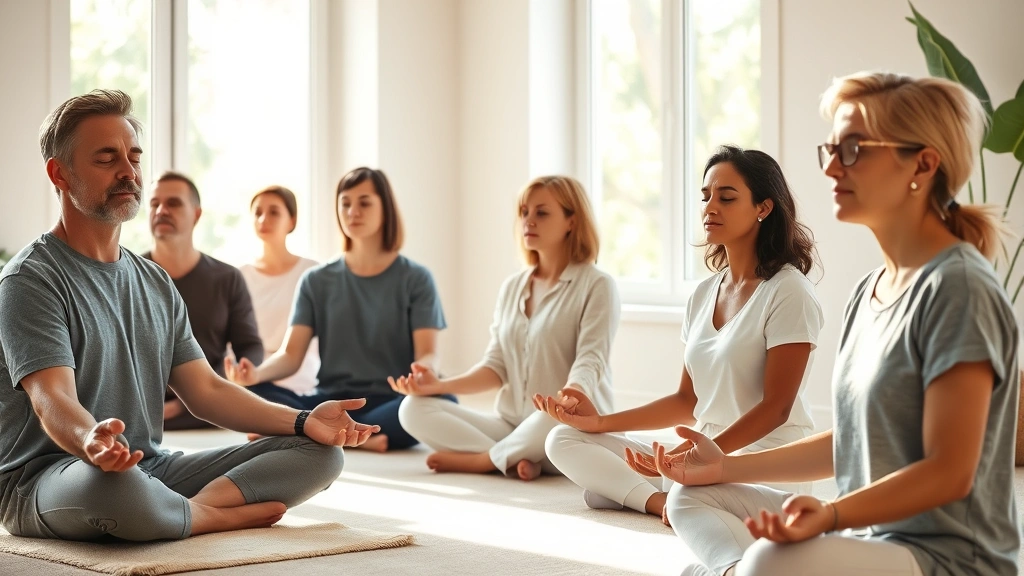 Group members practicing mindfulness meditation together, peaceful expressions, sitting comfortably, soft natural light filtering through windows, serene therapeutic atmosphere, photorealistic