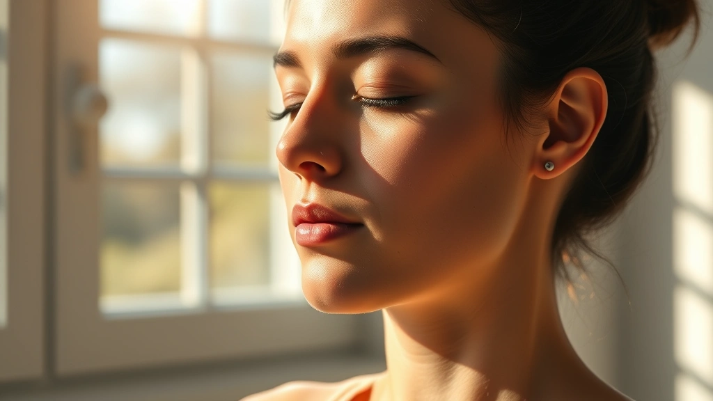 Close-up of a person meditating peacefully in morning sunlight, face serene and relaxed, surrounded by soft natural light filtering through windows, minimalist background, photorealistic
