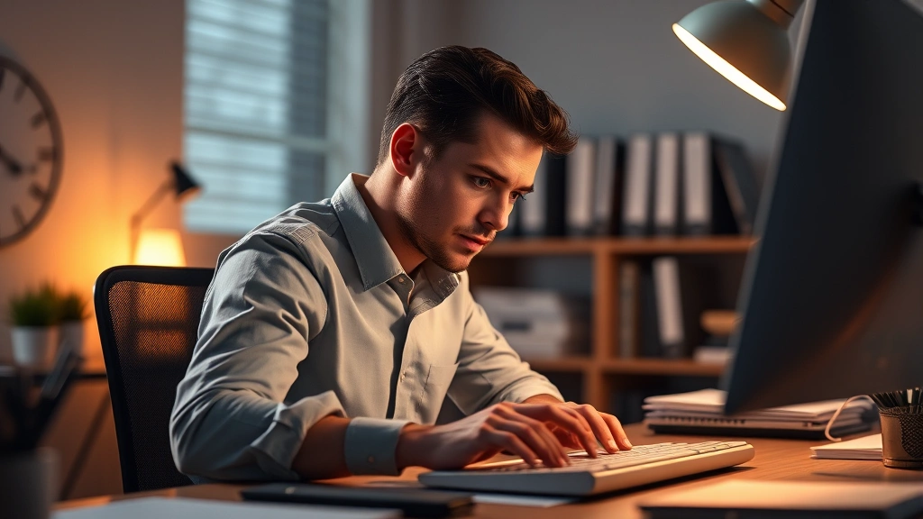 Person working at desk with focused expression, surrounded by soft ambient light, hands typing, organized workspace, deep concentration evident, photorealistic professional environment
