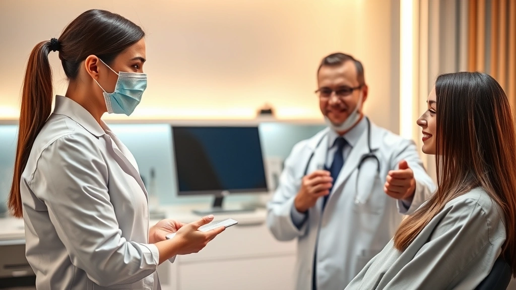 Professional dermatologist or hair specialist in modern clinical setting discussing hair treatment options with confident patient, warm lighting and clinical aesthetic