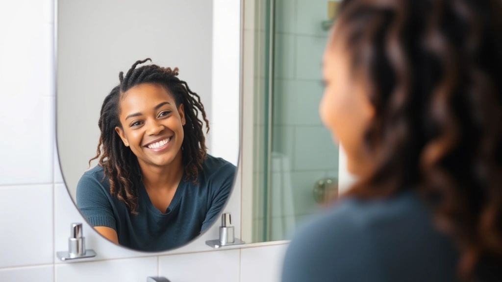 Diverse individual looking in mirror with genuine smile and confident expression, modern bathroom setting, emphasizing positive self-perception and mental wellness