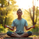 Person meditating in peaceful natural setting with soft sunlight filtering through trees, serene expression, cross-legged position, calm environment, photorealistic