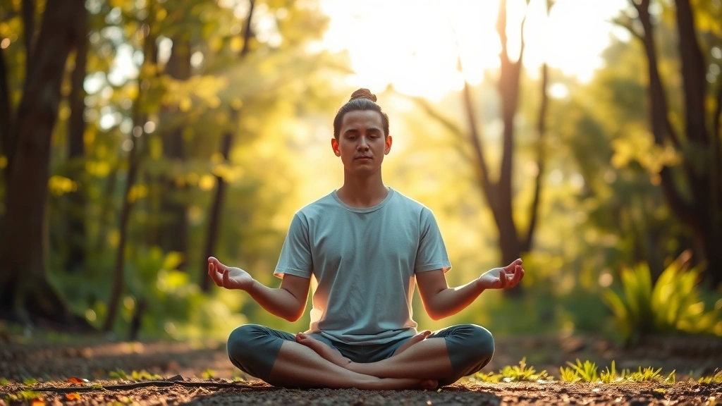 Person meditating in peaceful natural setting with soft sunlight filtering through trees, serene expression, cross-legged position, calm environment, photorealistic