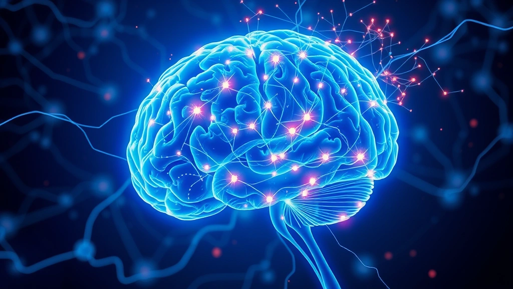 Brain illustration showing active neural pathways and glowing connections, representing neuroplasticity and mindfulness effects on brain structure, scientific visualization