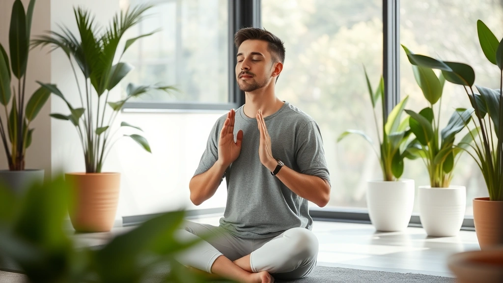 Individual practicing mindfulness in modern wellness space with plants and natural light, sitting peacefully with hands in meditation gesture, tranquil atmosphere