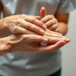 Close-up of occupational therapist's hands performing gentle joint mobilization on patient's hand and wrist, showing therapeutic technique in clinical setting with neutral background, professional lighting, realistic anatomical detail, no text or labels visible