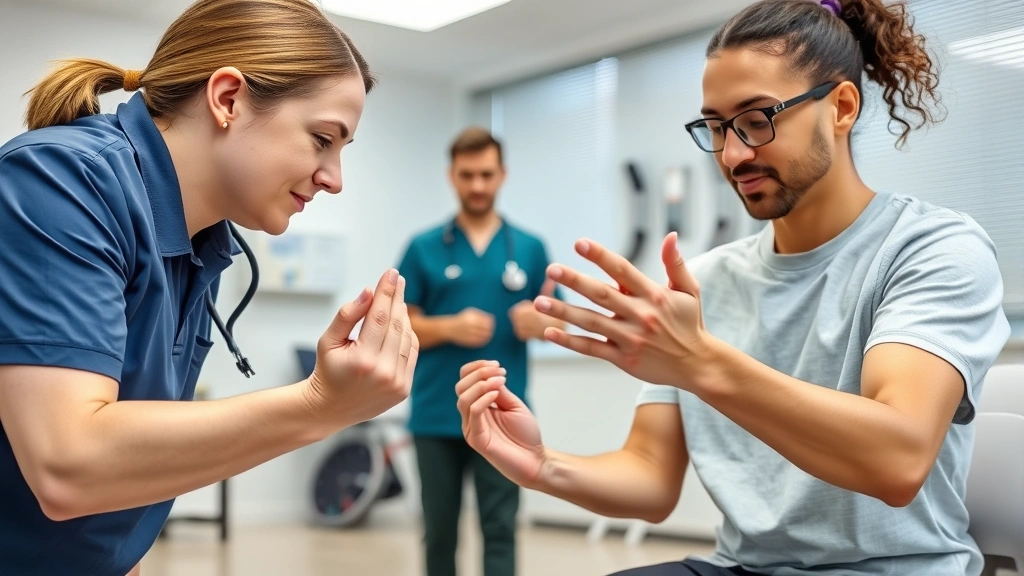Certified hand therapist instructing patient on progressive resistance exercises using therapy putty and specialized hand strengthening equipment in bright rehabilitation clinic, showing proper form and engagement, patient's focused expression, medical professional in background