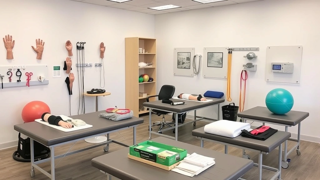 Modern rehabilitation clinic treatment room with various hand therapy equipment including dynamic splints, therapy balls, resistance bands, and assessment tools arranged on tables, clean professional environment with natural lighting, no visible text or signage