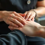 Close-up of a hand therapist performing manual therapy techniques on a patient's hand and wrist, showing precise finger positioning and therapeutic touch in a clinical setting with soft natural lighting