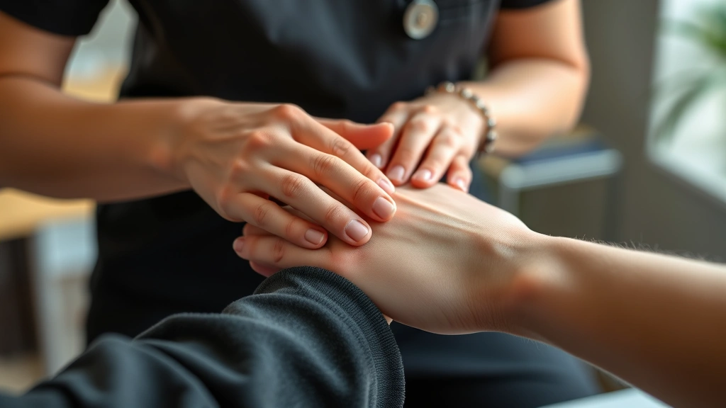 Close-up of a hand therapist performing manual therapy techniques on a patient's hand and wrist, showing precise finger positioning and therapeutic touch in a clinical setting with soft natural lighting