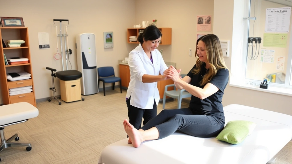 Professional hand therapy clinic interior showing treatment tables, therapeutic equipment, and exercise materials with a therapist assisting a patient with hand rehabilitation exercises