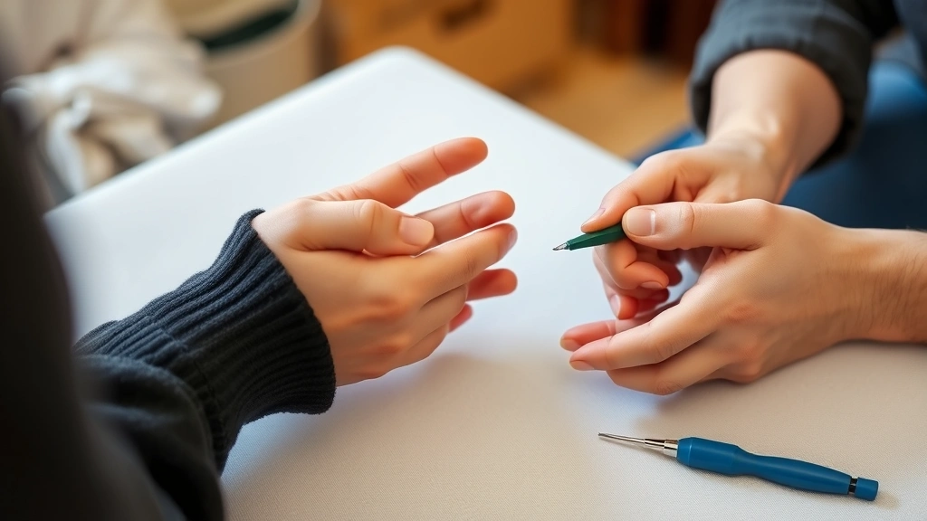 Detailed view of hands performing fine motor dexterity tests with small objects and therapeutic tools during a hand therapy assessment, demonstrating functional evaluation techniques