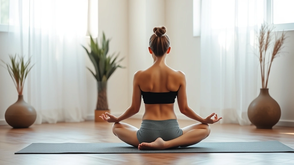 Person sitting in meditation pose on yoga mat in serene wellness studio with soft natural lighting, showing peaceful body awareness and somatic mindfulness practice