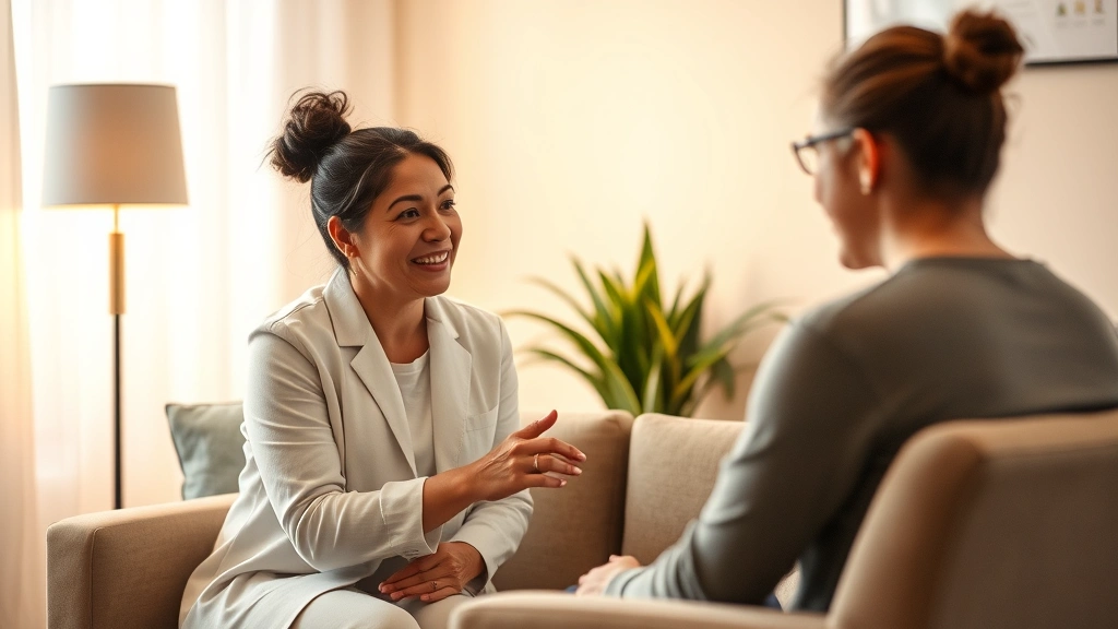 Therapist and client in professional counseling session with warm lighting, demonstrating therapeutic presence and emotional support during mental health treatment
