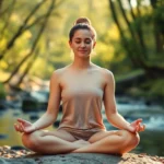 Person sitting in meditation pose in serene natural setting with soft morning light filtering through trees, completely calm facial expression, surrounded by peaceful nature environment with flowing water visible in background
