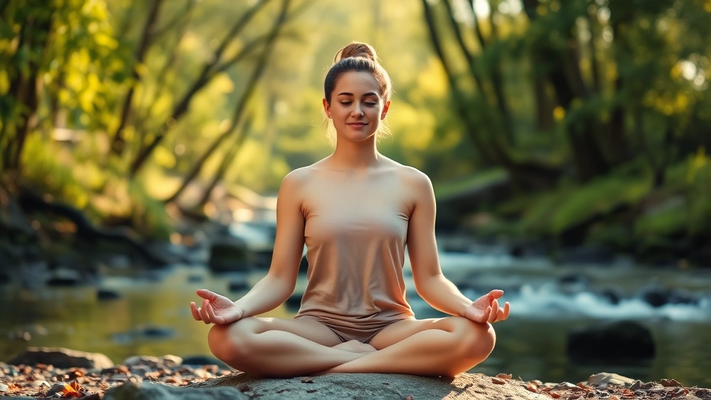 Person sitting in meditation pose in serene natural setting with soft morning light filtering through trees, completely calm facial expression, surrounded by peaceful nature environment with flowing water visible in background