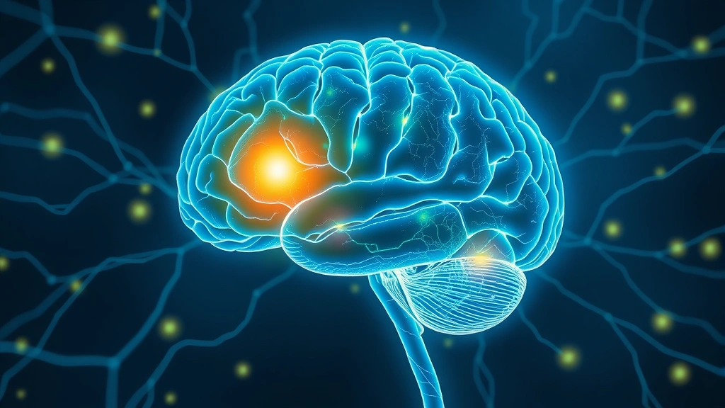 Anatomical illustration style visualization of human brain with glowing neural pathways and highlighted prefrontal cortex and amygdala regions, showing interconnected stress response systems in calming blue and green tones