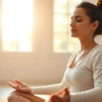 Close-up of a person meditating peacefully in lotus position, soft natural light filtering through windows, serene facial expression, morning meditation setting, photorealistic, no text