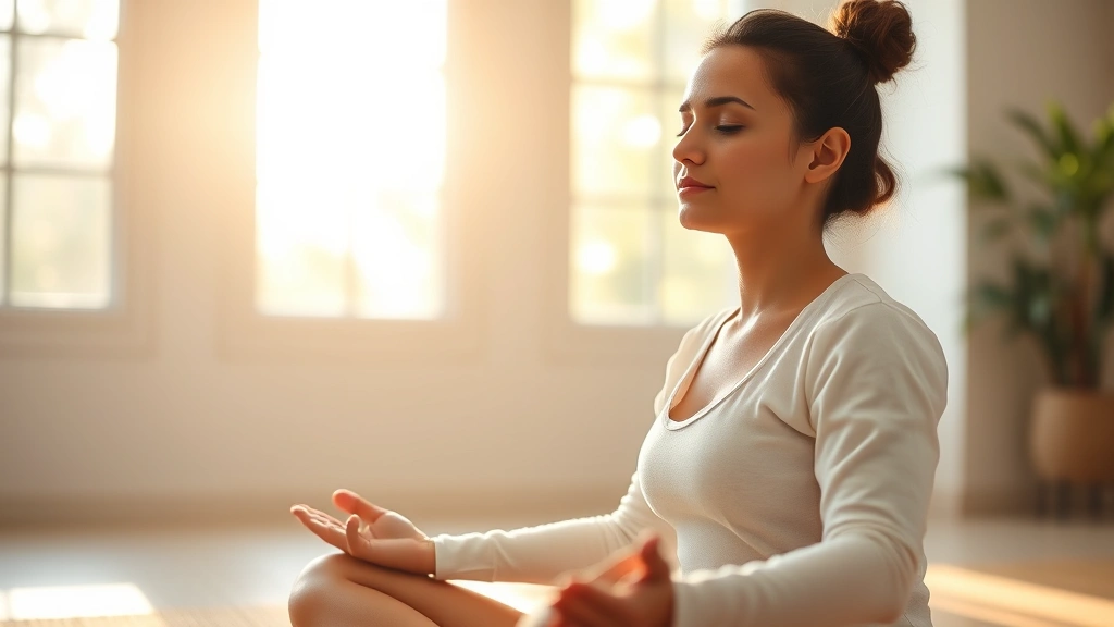 Close-up of a person meditating peacefully in lotus position, soft natural light filtering through windows, serene facial expression, morning meditation setting, photorealistic, no text