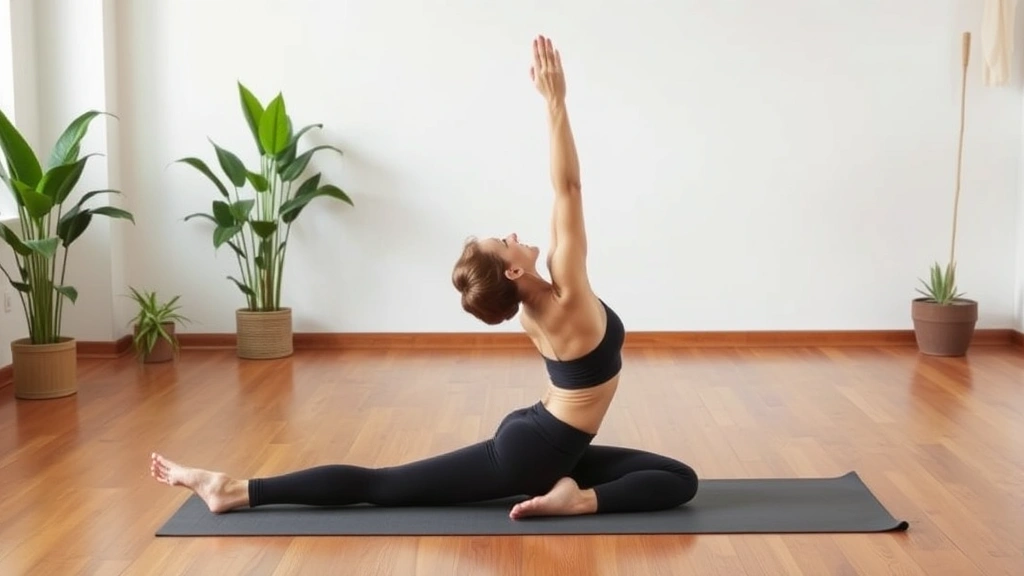 Person practicing gentle yoga pose in calm studio environment, wooden floors, plants in background, peaceful body awareness practice, natural lighting, photorealistic, no text