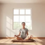Serene meditation space with soft natural light streaming through windows, person sitting peacefully on cushion with eyes closed, neutral tones, warm atmosphere, photorealistic, no text or signage visible