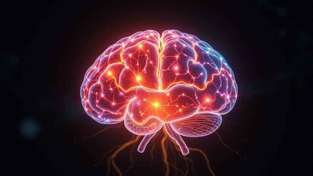 Brain visualization showing glowing neural pathways and connections, representing mindfulness neuroplasticity, warm golden and blue light against dark background, scientific illustration style, no labels or text