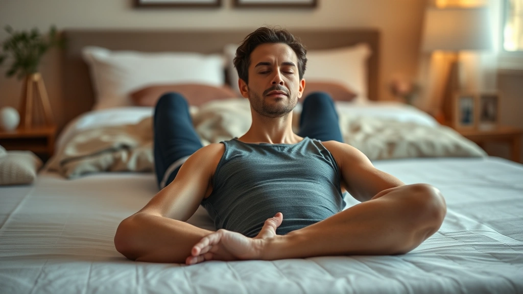 Individual practicing body scan meditation lying down, peaceful bedroom setting, warm lighting, relaxed body position, hands resting naturally, tranquil expression