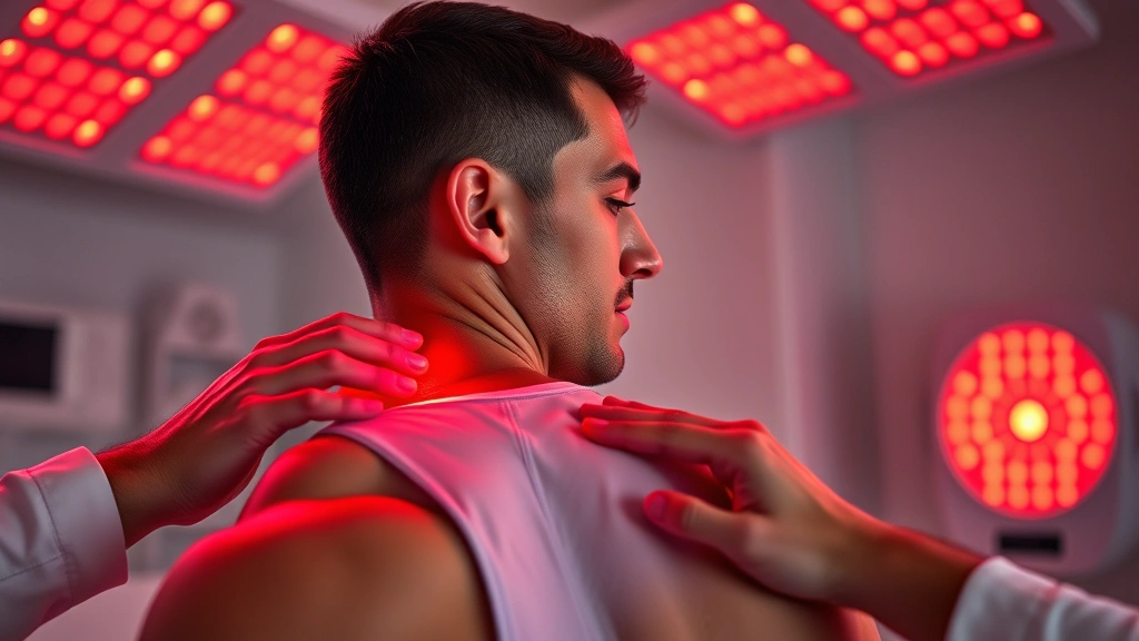 Professional athlete receiving red light therapy treatment on shoulder and upper back, clinical setting with red light panels, focused concentration, recovery-focused moment, photorealistic sports medicine scene, no text