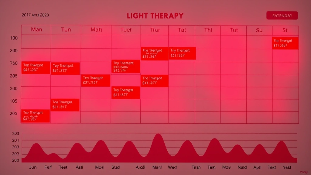 Calendar grid showing weekly red light therapy schedule with highlighted treatment days in red, tracking progress chart below, wellness planning aesthetic, photorealistic planning visualization, no text labels