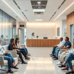 Modern medical clinic reception area with diverse patients, warm lighting, comfortable seating, welcoming healthcare environment, professional atmosphere