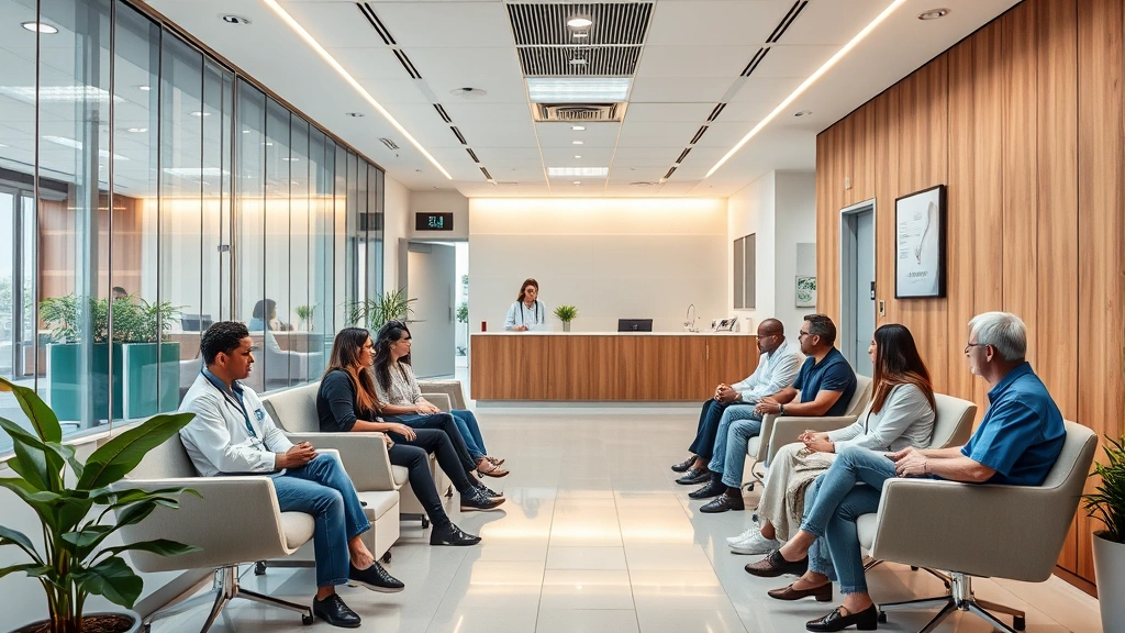 Modern medical clinic reception area with diverse patients, warm lighting, comfortable seating, welcoming healthcare environment, professional atmosphere