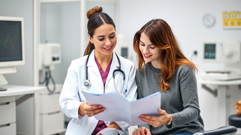 Female doctor in white coat reviewing medical charts with patient, discussing treatment options, caring healthcare interaction, clinical setting with modern equipment