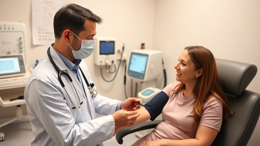 Healthcare provider checking patient vitals, blood pressure measurement, professional medical consultation, clinical examination room with modern medical devices