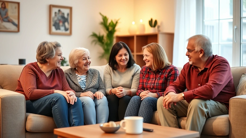 Multi-generational family sitting in comfortable living room having supportive conversation, warm lighting, diverse family members of different ages engaged in genuine listening and connection