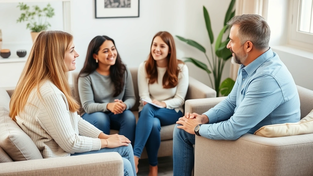Family therapist facilitating discussion between parents and teenager in calm office setting, therapeutic environment with soft furniture and natural light, showing active listening and emotional safety