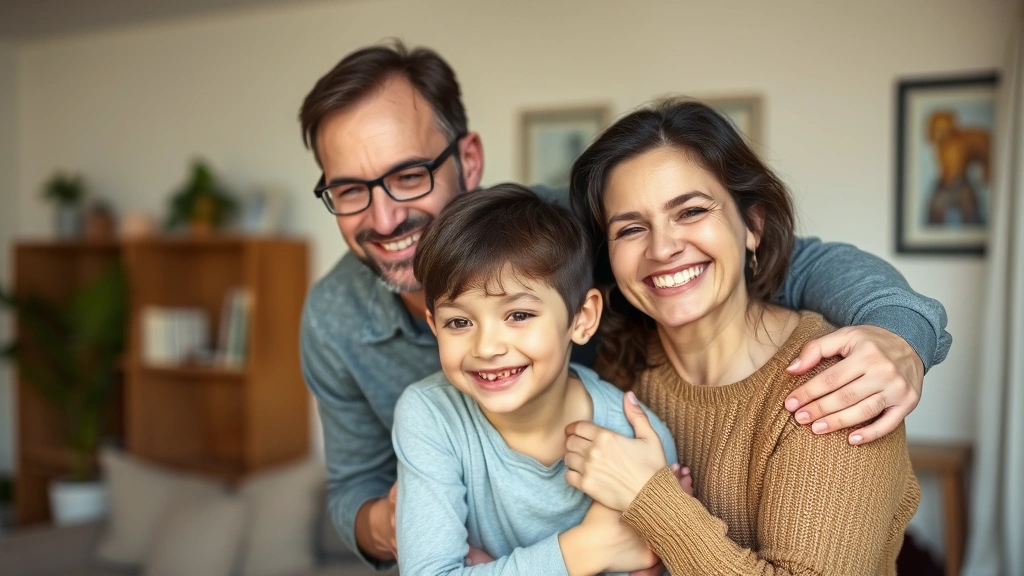 Parents embracing with teenage child in background smiling, showing secure attachment and emotional safety, warm home environment with natural family connection and trust