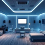 Immersive therapy room with soft blue and gray ambient lighting, modern comfortable seating, sophisticated audio equipment visible on walls, peaceful and clinical atmosphere, no text or screens visible, photorealistic professional healthcare environment