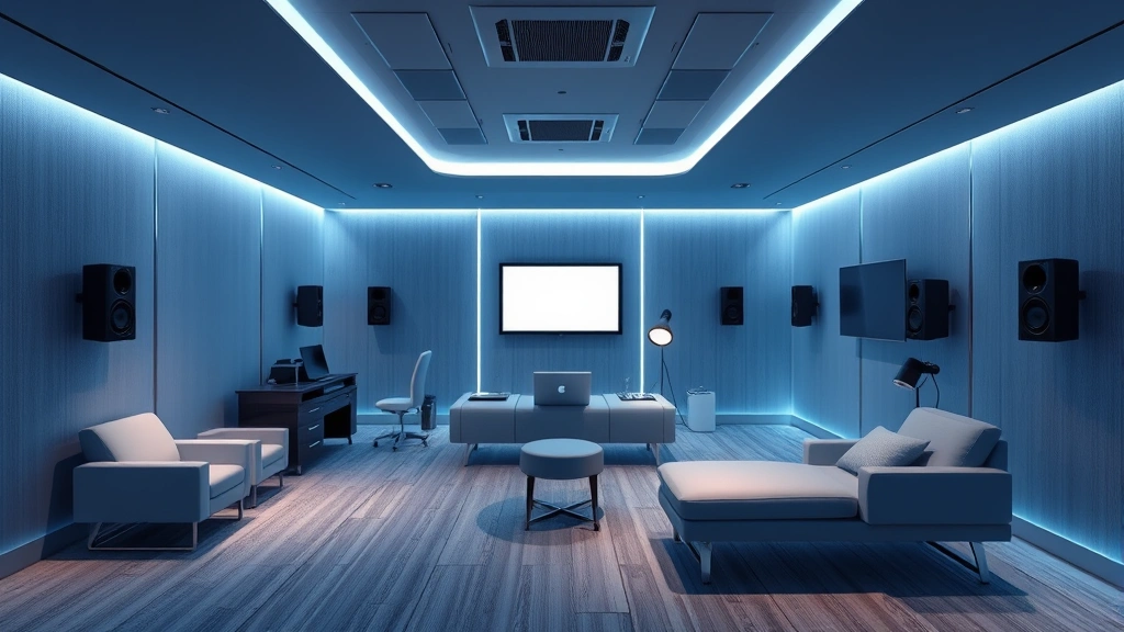 Immersive therapy room with soft blue and gray ambient lighting, modern comfortable seating, sophisticated audio equipment visible on walls, peaceful and clinical atmosphere, no text or screens visible, photorealistic professional healthcare environment