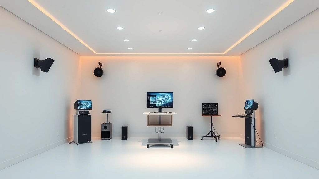 Advanced sensory processing technology installation with directional speakers and subtle atmospheric lighting equipment, minimalist modern design, no computer screens or digital displays, clean professional therapeutic space