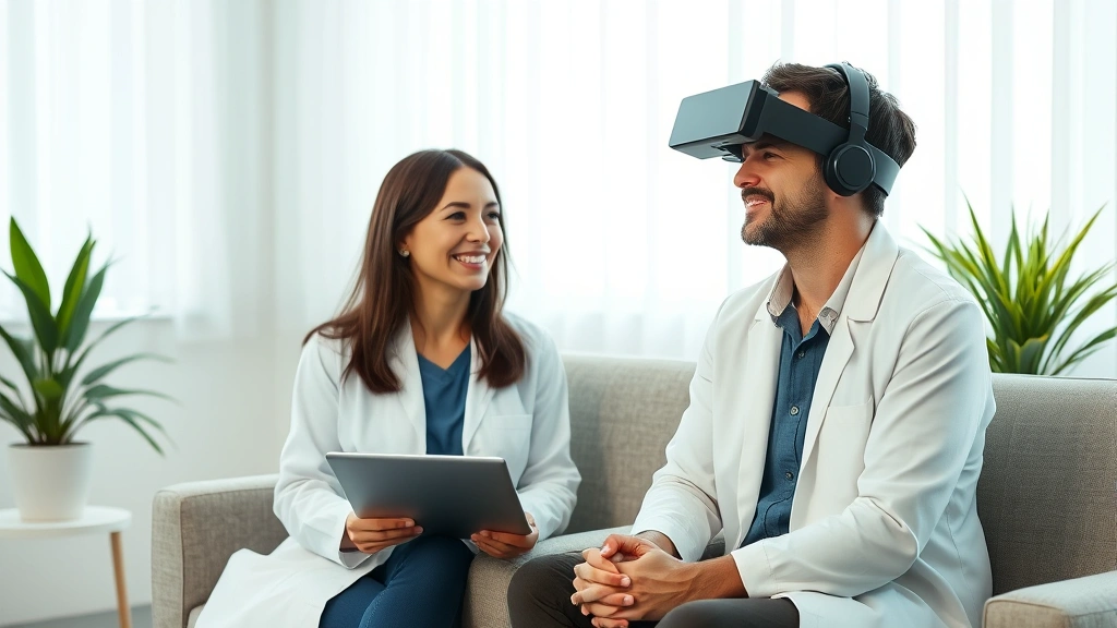 Therapist and client in consultation during immersive therapy session, comfortable clinical setting with soft natural lighting, both appearing calm and engaged, professional healthcare environment, no visible technology or screens