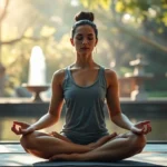 Person meditating in peaceful zen garden with soft natural sunlight filtering through trees, serene facial expression, cross-legged position on mat, calm water fountain in blurred background, photorealistic