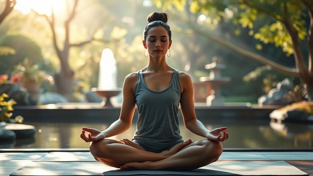 Person meditating in peaceful zen garden with soft natural sunlight filtering through trees, serene facial expression, cross-legged position on mat, calm water fountain in blurred background, photorealistic