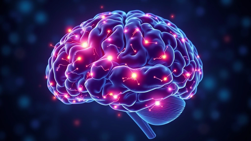 Brain illustration showing glowing neural connections and activation in prefrontal cortex region, representing mindfulness neuroplasticity, deep blues and purples, abstract scientific visualization, photorealistic medical style