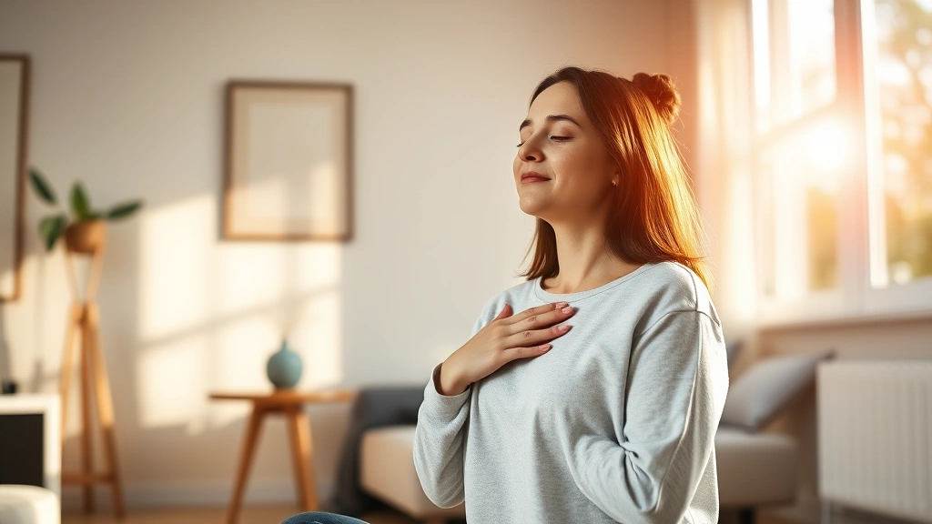 Woman practicing mindful breathing in modern bright living room by window, morning sunlight, peaceful expression, hands on chest, comfortable seated position, minimalist interior design, photorealistic