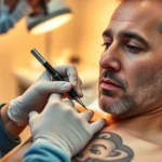 A person receiving a therapeutic tattoo in a calm clinical setting, showing the artist carefully applying ink with precision, warm lighting, focused expression, professional sterile environment with soft textures