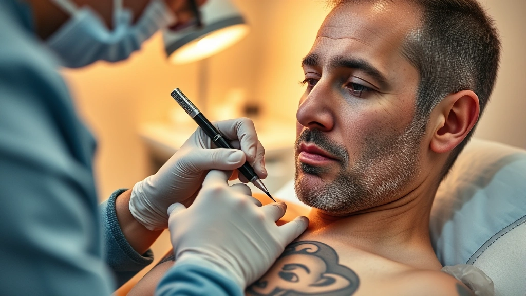 A person receiving a therapeutic tattoo in a calm clinical setting, showing the artist carefully applying ink with precision, warm lighting, focused expression, professional sterile environment with soft textures