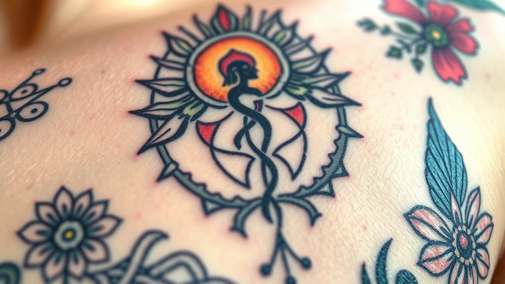 Detailed close-up of a meaningful healing tattoo design featuring symbolic imagery representing resilience and recovery, intricate linework, vibrant colors, artistic composition highlighting the beauty of therapeutic body art