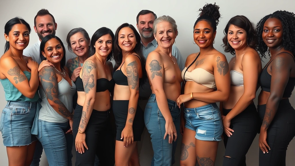 A diverse group of people showing their therapeutic tattoos representing personal journeys, various body placements and designs, confident expressions, natural lighting emphasizing the stories each tattoo tells about individual healing